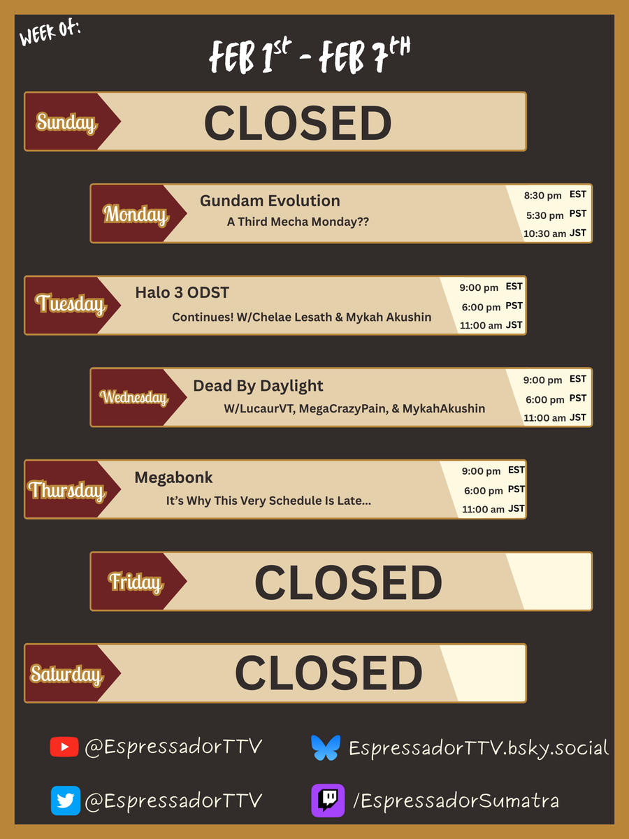 This Weeks Schedule Is Now Live! 

We might be a little late but we got plenty of collabo, with Halo Continuing with <a href="/Chelae_Lesath/">Chelae Lesath 🦂✨️| Vtuber</a> and <a href="/MykahAkushin/">Mykah Akushin 🖤⛩️</a>! DBD with <a href="/LucaurVT/">Luca</a>, <a href="/megacrazypain/">Pain ⛓️🔥</a>, and <a href="/MykahAkushin/">Mykah Akushin 🖤⛩️</a>! And the reason this schedule is late!