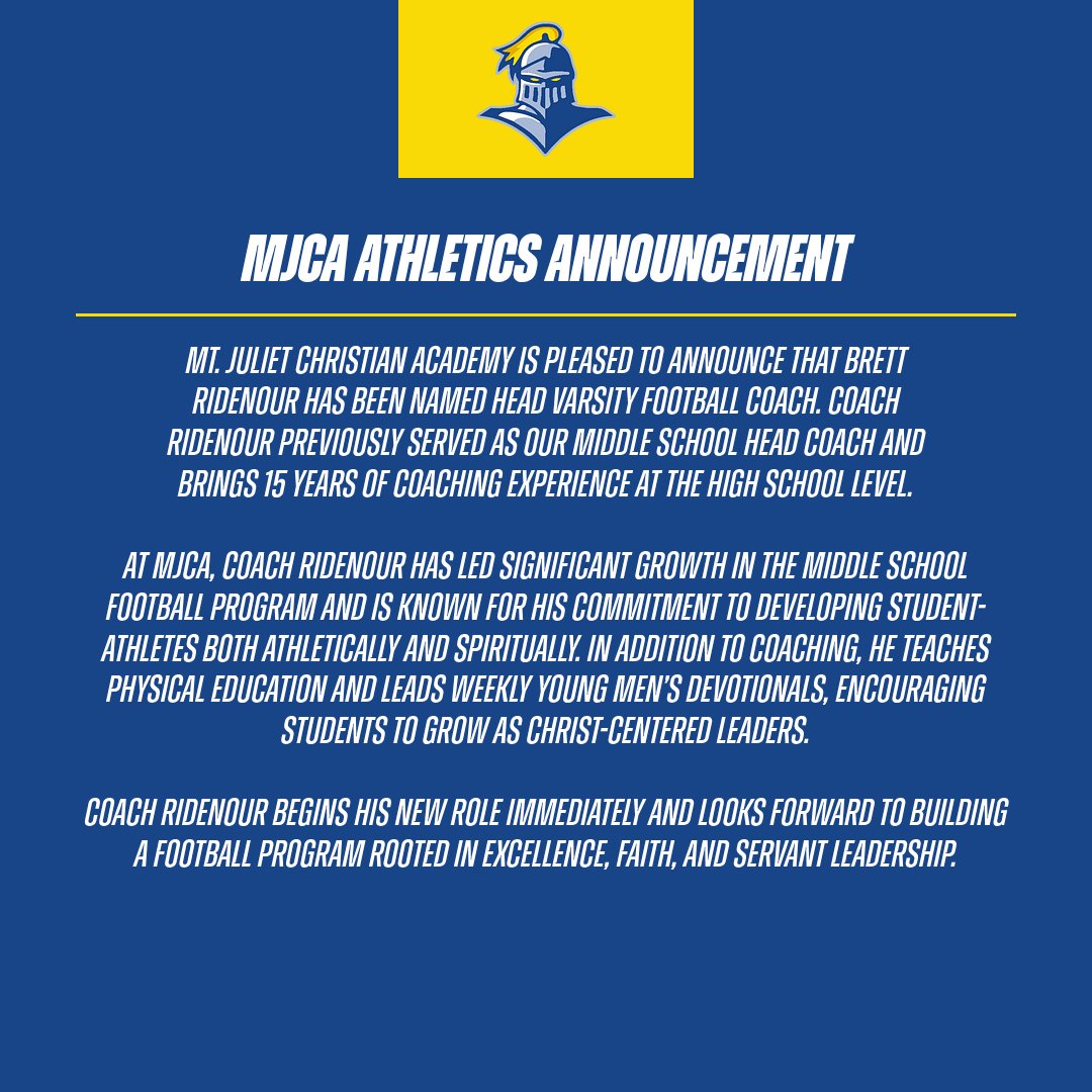 mjcaathletics's tweet image. Our Official Announcement Regarding the Hiring of Head Football Coach, Brett Ridenour.

#mjca#gosaints#football#highschoolsports#mtjuliet#nashville