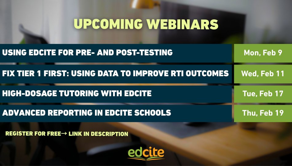 Join us for a series of upcoming Edcite webinars focused on practical, data-driven instruction. 

We’ll be covering:
✔️ Pre- &amp; post-testing to measure student growth
✔️ Tier 1 &amp; RTI data you can actually use
✔️ Measuring the impact of high-dosage tutoring
✔️ Advanced reporting