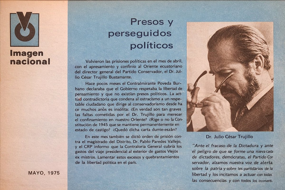 robinrobles's tweet photo. En 1963, #JulioCésarTrujillo aparece en un documental oficial del Departamento de Estado de los #EstadosUnidos sobre la #AlianzaParaElProgreso y #Ecuador.
No es una nota marginal: el filme muestra a los “elegidos” para dialogar, legitimar y acompañar la estrategia anticomunista de #Washington en Ecuador, en plena #GuerraFría, con un claro alineamiento.
Doce años después, en mayo de 1975, la revista #Vistazo publica la página que también observan aquí, titulada “Presos y perseguidos políticos”. En ella, Trujillo es presentado como víctima de la dictadura de #RodríguezLara, convertido en referente moral, por haber denunciado sin pruebas supuestos abusos del "Bombita". El encuadre es claro y la defensa explícita.
Pero hay un dato incómodo que la imagen no dice, la dictadura que #Vistazo denuncia no es la #JuntaMilitar (1963-1966) a la que Trujillo asesoró. Tampoco el #TriunviratoMilitar (1975-1979), cuando #Trujillo era parte de sus comisiones jurídicas, sino un régimen "nacionalista y revolucionario" que había roto con intereses externos, con el modelo fondomonetarista y con ciertas agendas internacionales.
Aquí emerge la pregunta central, inevitable cuando se comparan ambas capturas:
¿Por qué algunas dictaduras si tienen denunciólogos interesados y otras silencio prolongado?
¿Por qué la prensa construye héroes cuando el poder enfrentado es “incorrecto”, pero omite antecedentes cuando esos mismos personajes fueron funcionales a programas hemisféricos, estrategias anticomunistas o consensos geopolíticos?
El archivo revela selectividad. #Trujillo no es leído en su trayectoria completa, sino recortado a conveniencia.
#AVecesSirveParaAlgo, Vistazo, no informa desde la totalidad histórica, sino desde el encuadre que conviene. #Framing.
Mientras más descubrimos la #HistoriaViva, en las omisiones hay gritos de verdad.
#LaVerdadNoMata #HemerotecaViva #PeriodismoDisfrazado #Erratas