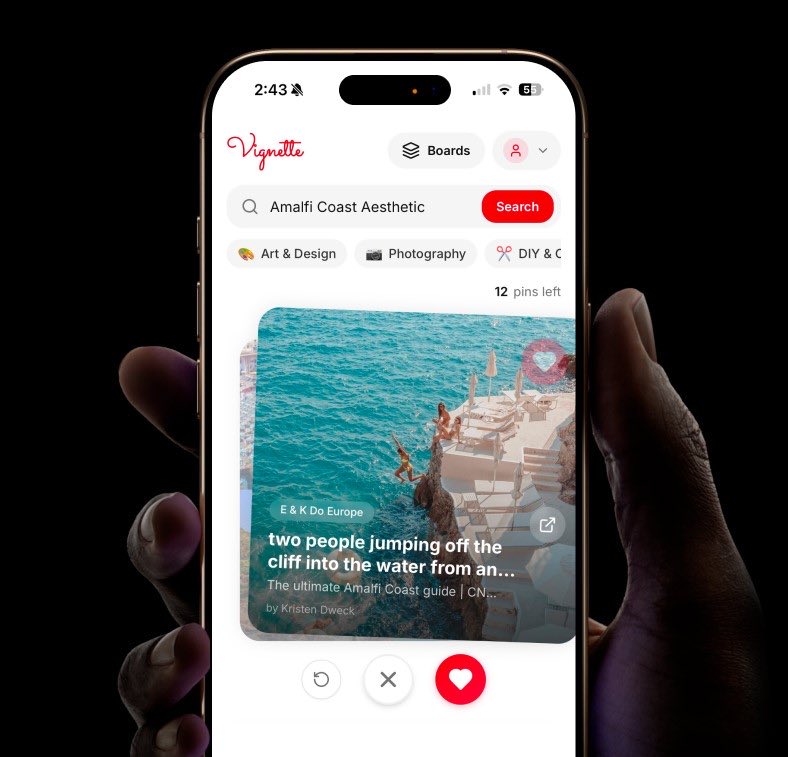 jayshharma's tweet photo. Doom scrolling on Pinterest for ideas is broken.  

So I built a tinder-style engine to fix it.  

Swipe a few times → bring your vision board to life. https://t.co/r6GT2lYt2d