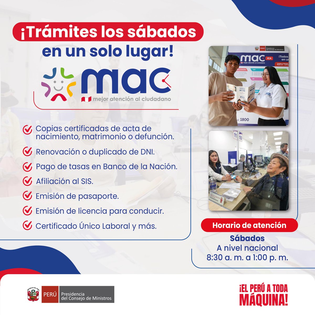 CentrosMAC's tweet photo. ✨ ¿Necesitas hacer trámites sin complicarte la semana? En los Centros MAC te atendemos también los sábados para que puedas avanzar gestiones importantes en un solo lugar. ✔️🕒 #MACPerú #MejorAtención #ATodaMaquina
Fuente: https://t.co/LCUC7ZbEEI https://t.co/5qQ5lIYXbr