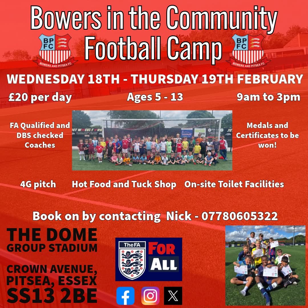 🔴⚪️FEBRUARY FOOTBALL CAMP⚪️🔴

Looking for a fun and active way to spend February half term? ⚽ Our two-day Football Camp on Wednesday 18th and Thursday 19th is the perfect chance for children aged 5–13 to build skills, boost confidence, and make new friends.