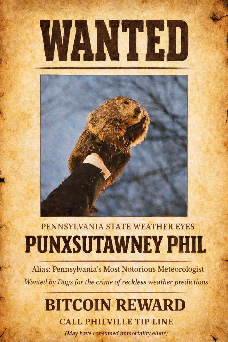 proofofwoof's tweet photo. punxsutawney phil saw his shadow. six more weeks of winter confirmed. which means six more weeks of wearing this ridiculous red jacket my humans insist i look "adorable" in.

i look like a lobster tail. they think it's cute. i think it's humiliating.

here's the real story though: phil is allegedly 130+ years old. kept alive by some special elixir. THAT interests me.

i've been studying bitcoin and monetary policy for 6+ years. learning about finite supply and sound money principles.

but an immortality elixir? might be willing to sell some bitcoin for that. priorities shift when you discover the secret to eternal life.

someone connect me with phil's supplier.