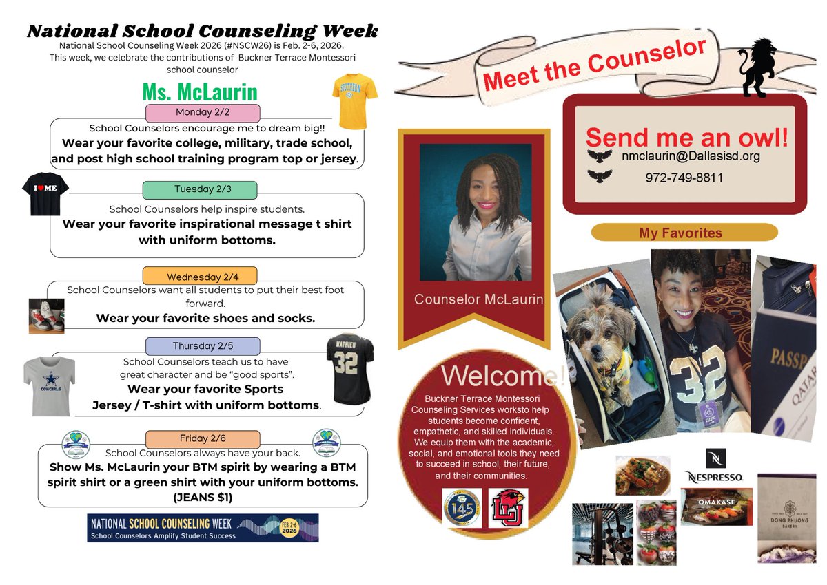 MontessoriBT's tweet photo. It's 
National School Counseling Week!

Join us as we will be celebrare the LSSSCA Bronze Award-winning counseling program  led by Ms. McLaurin.

@CounselorBTM #RegionIVSayNoMore
@CounselingDISD @dallasschools https://t.co/qhQqhUsKCs