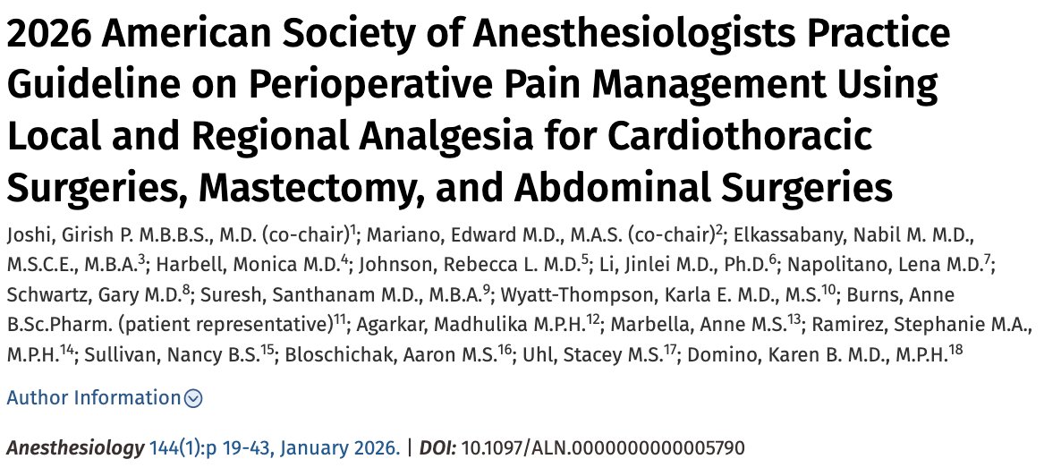 #CardioToVascSEDAR 🚨 Nueva Guía ASA 2026 
Analgesia perioperatoria con anestesia local/regional en cirugía cardiotorácica. Recomienda bloqueos de plano fascial para reducir dolor y opioides en las primeras 24h.

📎 pubmed.ncbi.nlm.nih.gov/41363869/