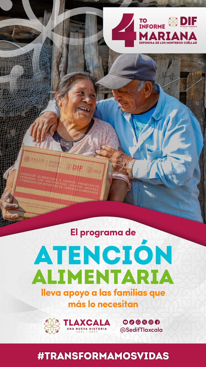 🍎 ¡Nutriendo con el corazón!
En el SEDIF Tlaxcala, a través del programa #AtenciónAlimentaria, garantizamos apoyo directo a adultos mayores y personas con discapacidad.

￼
#TransformamosVidas#4toInformeSEDIFTlaxcala <a href="/Mariana_tlx/">Mariana Espinosa de los Monteros</a> ,presidenta honorífica.  <a href="/SedifTlaxcala/">SEDIF Tlaxcala</a>