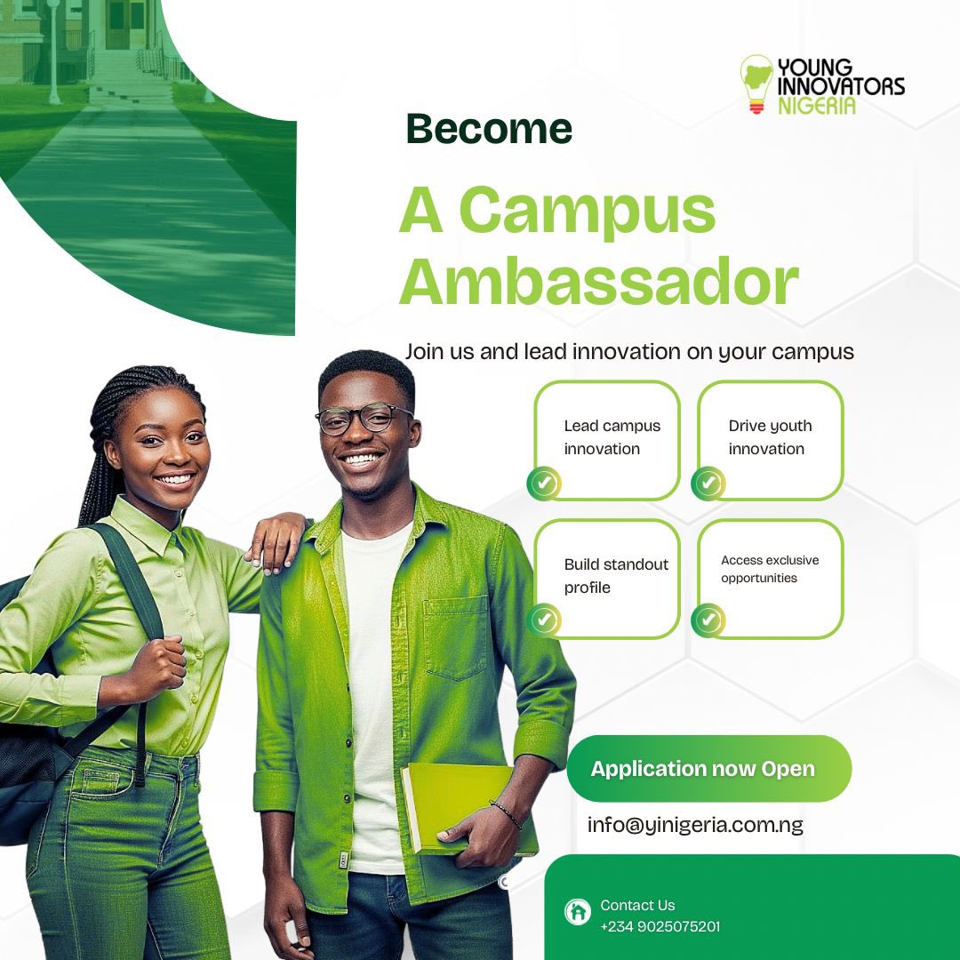 Applications are now open for the Young Innovators of Nigeria (YIN) Campus Ambassadors Program 2026.

We are building innovation communities across Nigerian tertiary institutions and empowering students to lead, create impact, and access national opportunities.

If you are