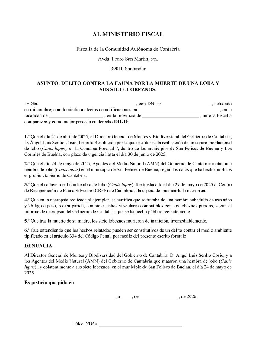 AGENTES DEL MEDIO NATURAL DEL GOBIERNO DE #CANTABRIA LA MATARON Y DEJARON MORIR DE HAMBRE A SUS LOBEZNOS.

Si estáis indignados, os animo a todos a presentar este modelo de denuncia ante la Fiscalía cántabra.

Se puede descargar en el siguiente enlace: filemail.com/d/whetzszdxqrp…