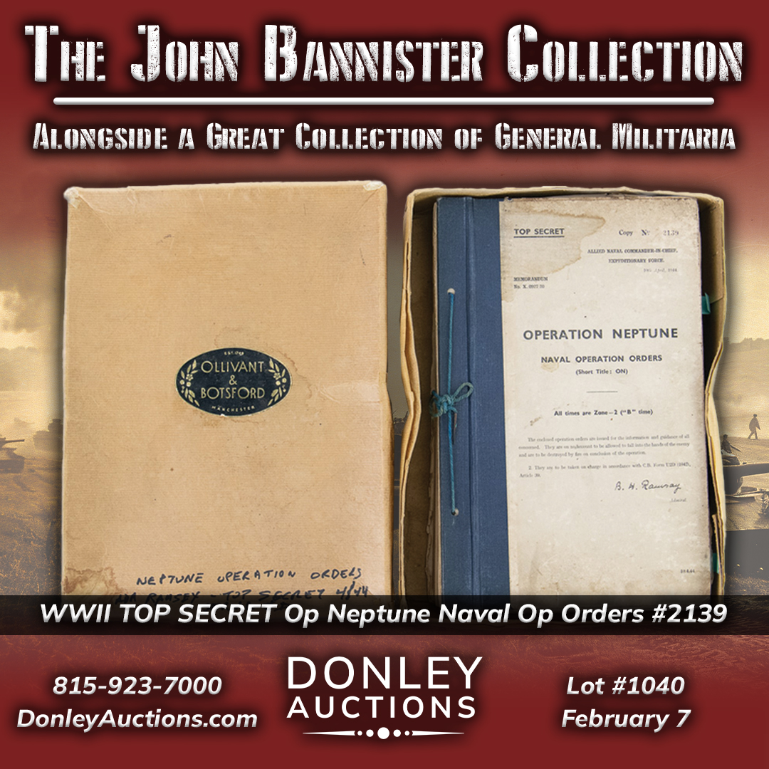 DonleyAuction's tweet photo. Own the blueprint for the largest invasion in human history. 🚢🪖

Lot 1040 features the original TOP SECRET Naval Orders for Operation Neptune—the naval backbone of D-Day. This specific copy (#2139) is housed in a box bearing the name of Admiral Sir Bertram Ramsay, the architect of the operation.

From strategic frameworks to the famous "Mickey Mouse" tactical diagrams used by landing craft skippers, this is a primary source artifact like no other.

📅 Auction: This Saturday, 10 AM 📍 The John Bannister Collection 🔗 Bid now: https://t.co/Uzr3tK2QLx

#WWII #DDay #History #MilitaryHistory #Militaria #OperationNeptune #TopSecret #Auction #HistoricalArtifacts