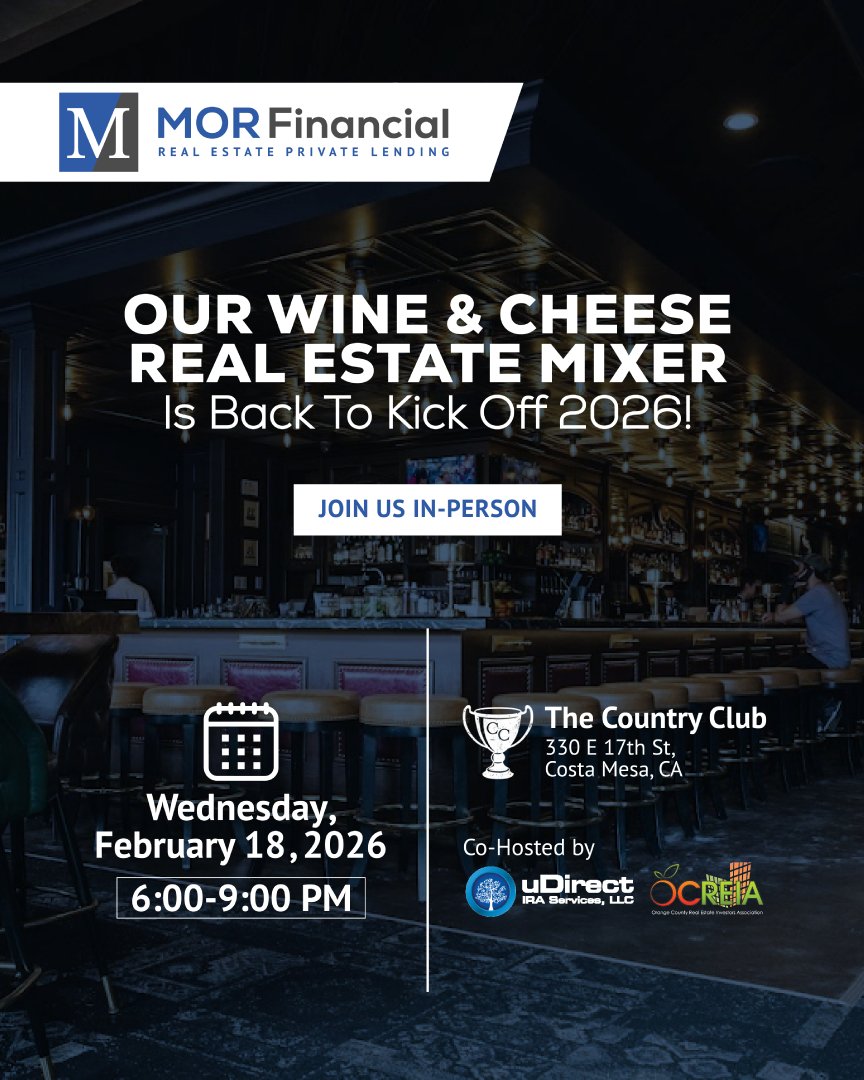 MOR_Financial's tweet photo. Our Wine &amp; Cheese Real Estate Mixer is back to kick off 2026.

Join us for an evening of real conversations and meaningful connections.

#MORFinancial #RealEstateMixer #NetworkingEvent #WineAndCheese #CRE #OCRealEstate https://t.co/EOyYAQcauW