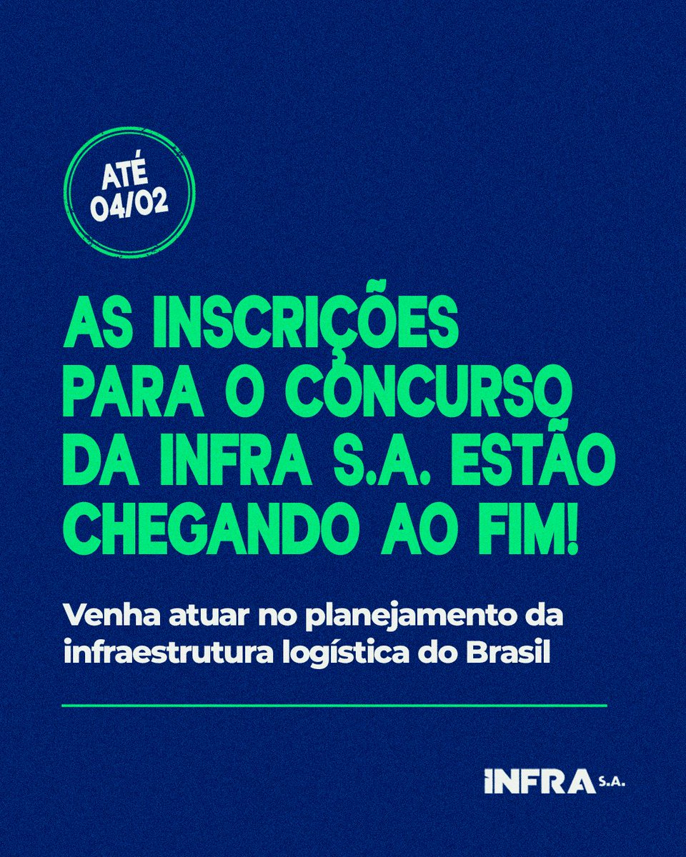 Últimos dias para se inscrever no concurso da Infra S.A! São 65 vagas com salário inicial de R$ 10.800,82.
Acesse o site e saiba mais:  cebraspe.org.br/concursos/infr…