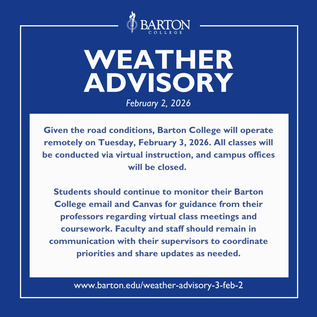 bartoncollege's tweet photo. Given the road conditions, Barton College will operate remotely on Tuesday, February 3, 2026. All classes will be conducted via virtual instruction, and campus offices will be closed.

Learn more: https://t.co/Ugl9Na7SXd https://t.co/wRyFNMlq8D
