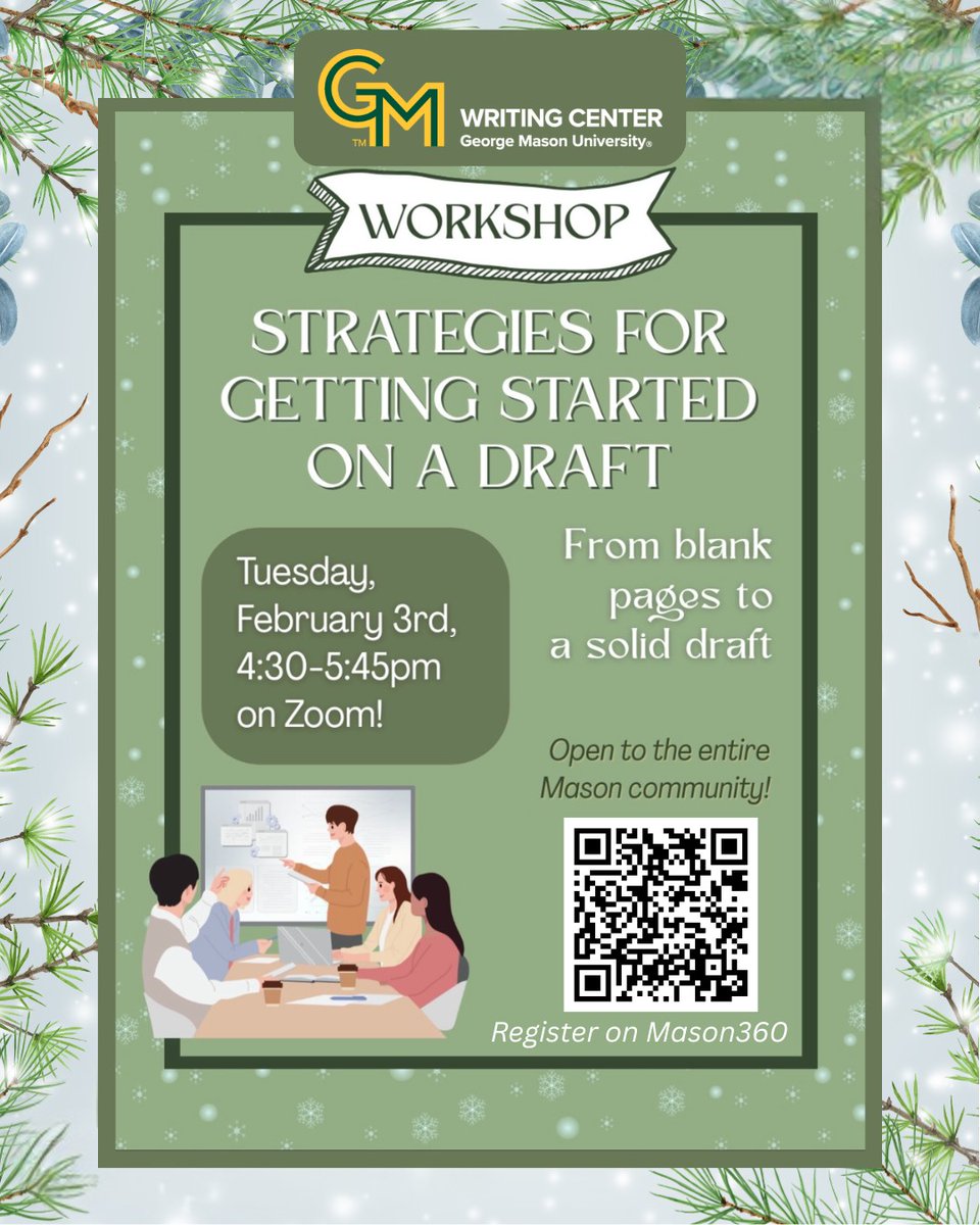 Mason's Writing Center is hosting a Workshop TOMORROW! "Strategies for Getting Started on a Draft" - Register on Mason360: integrative.gmu.edu/events/17881 #WritingCenterWorkshop