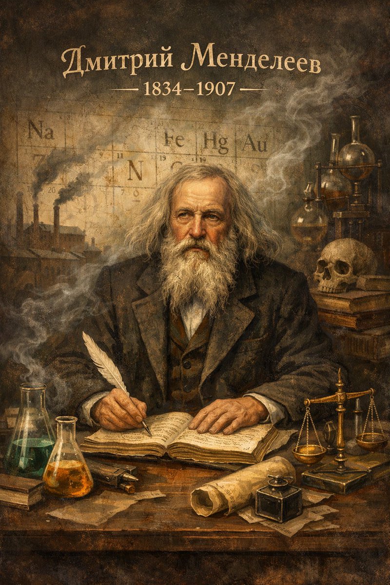 realTributeto's tweet photo. Ever wonder who tamed the wild elements into a neat table? Meet Dmitri Mendeleev, born 1834 in Siberia's harsh embrace—a child of poverty who rose to rewrite science. Hook: His early loss of father sparked unbreakable resolve. What's your origin story of grit? Reply! #Mendeleev https://t.co/dcXxd6eJ89