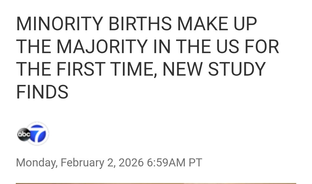 According to this study, White births in America have fallen below 50% for the first time ever, at 49.6%.

Minorities as a group accounted for 50.4% of all U.S. births.

The Hart-Celler Act and illegal immigration are partially responsible for this new reality.