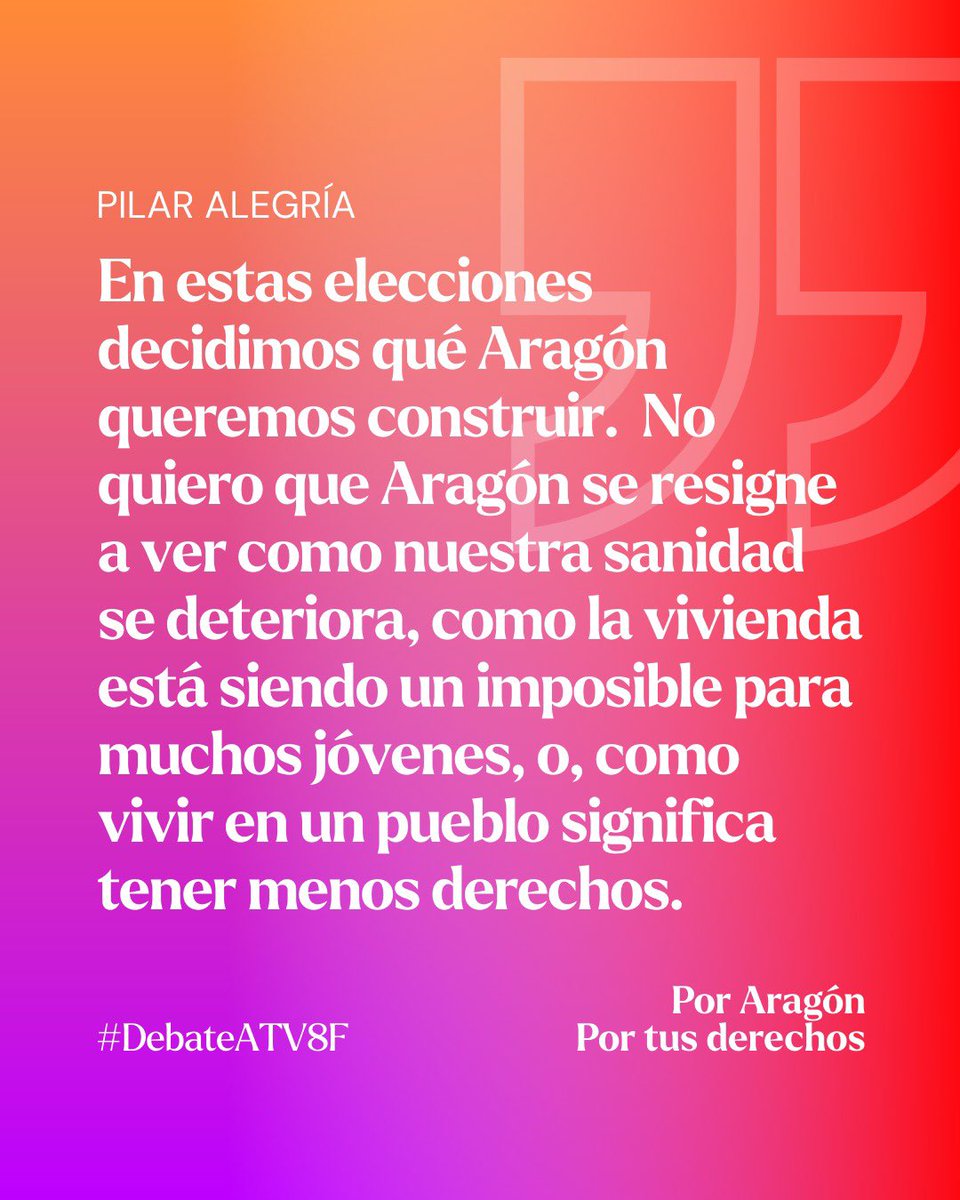 Pilar_Alegria's tweet photo. En estas elecciones decidimos qué Aragón queremos construir. Y no quiero un Aragón que se resigne.  

Me comprometo a ser una presidenta que escuche, que proteja y que resuelva. Me comprometo contigo.  

#DebateATV8F #8F #PorAragón #PorTusDerechos https://t.co/0DD2mTxJFX