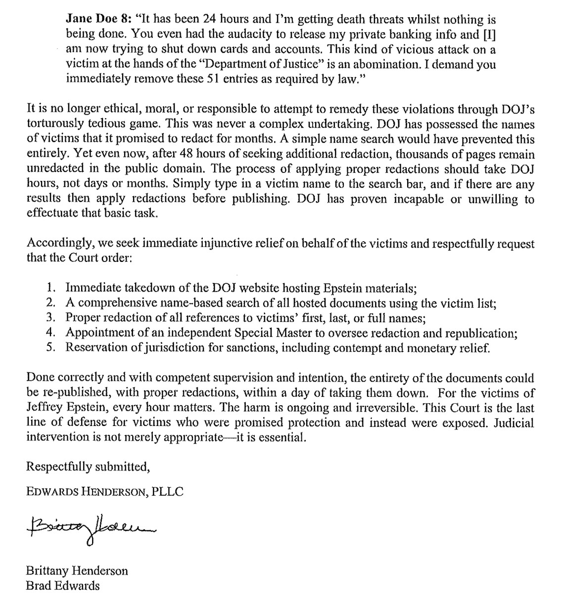 innercitypress's tweet photo. Epstein filing: Bradley Edwards and Brittany Henderson have just written in asking for the "immediate takedown of the DOJ website hosting Epstein materials." #MaximumMaxwell (incl UN links) https://t.co/vHLVYhGe6u https://t.co/gsMkBf4cRk
