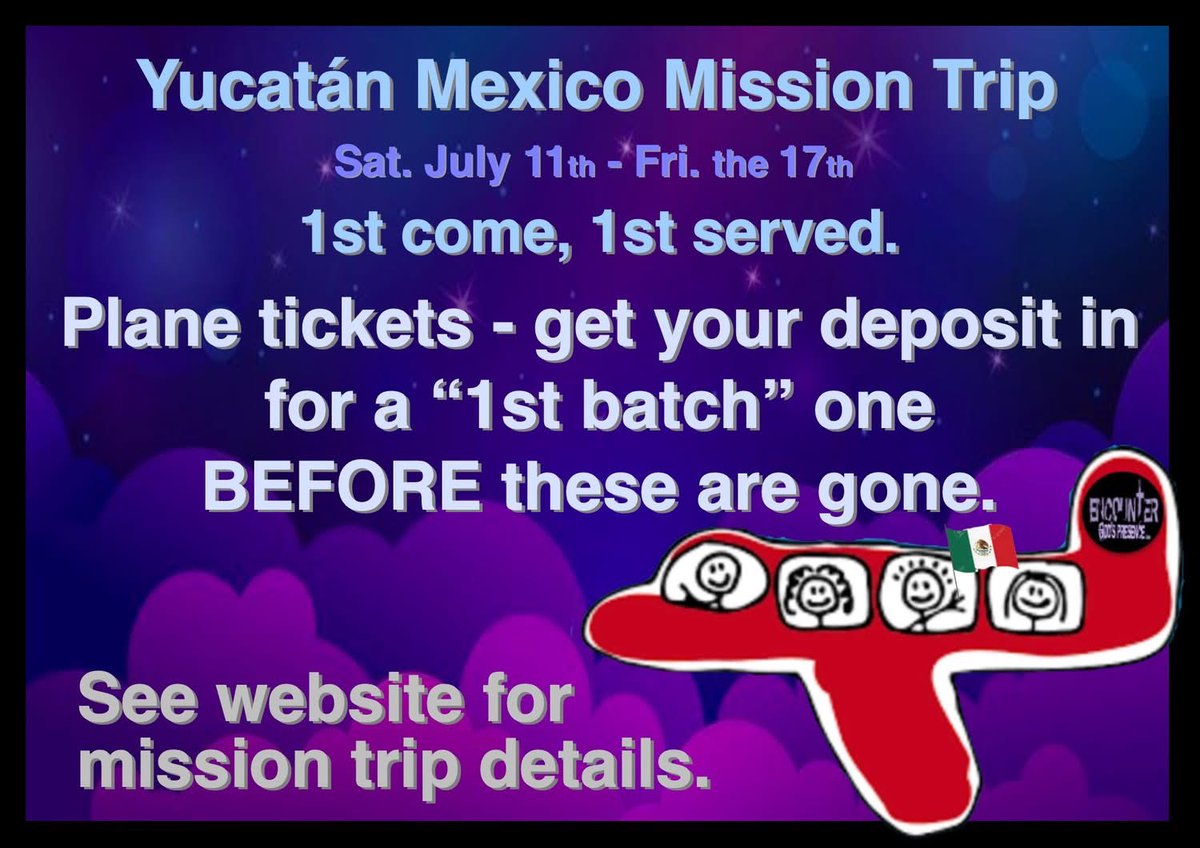 EncounterCamp's tweet photo. Get your plane ticket reserved with a deposit now. Be a part of this mission trip making a difference. Please "share" this.
* For all ages... adults, whole families &amp; youth groups. We're flying back for another awesome Yucatán, Mexico Mission Trip.
https://t.co/i2SbE3PLFx https://t.co/3OgBuwt2rz
