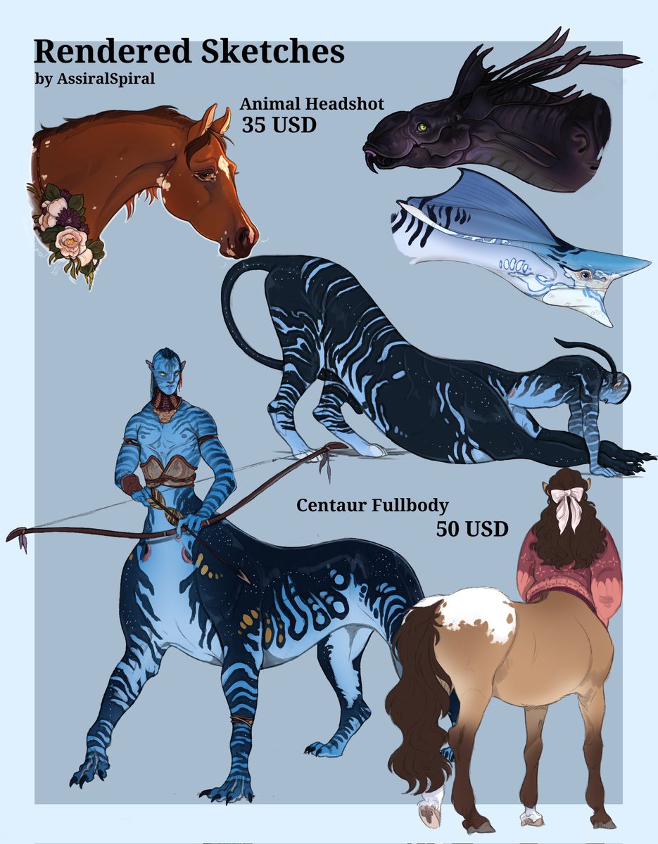 As I'm fully into school break, I'd like to attempt some art work. Hopefully this doesn't get shadowbanned, but if you're interested in commissioning, here is what I'd love to draw for you.

#avatar #recom #centaur