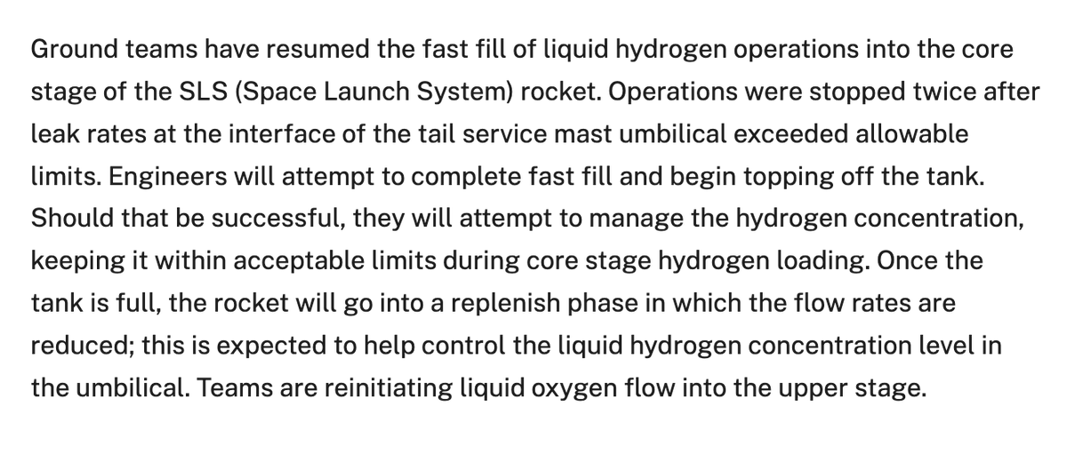 Latest update from NASA in regards to the leaky core stage of SLS during today's WDR. The use of the word "attempt" this often is a little concerning, but they have a pretty big window to work issues out, hopefully they're able to successfully conclude today's test! 🤞