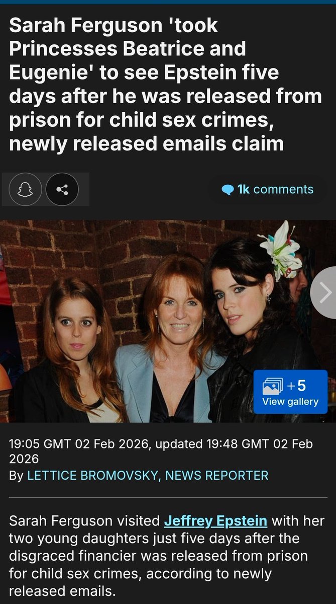 NSome1ne's tweet image. Well, well, well.
.....
#SarahFerguson took princesses #Beatrice and #Eugenie to see #Epstein 5 days after he was released from prison for child sex crimes. At the time of the visit, Beatrice and Eugenie would have been aged 20 and 19.
..
The truths that are coming out.