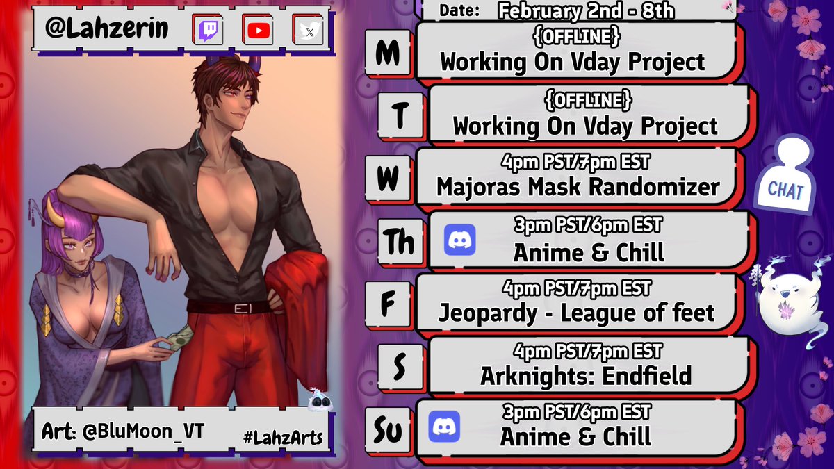 ⛓️ This week is going to be BIG chillin'

⚙️Friday we are hanging out with Sailor and again on Saturday with league customs then afterwards ill be on Endfield ✨️
#LahzPlans #schedule #vtuber