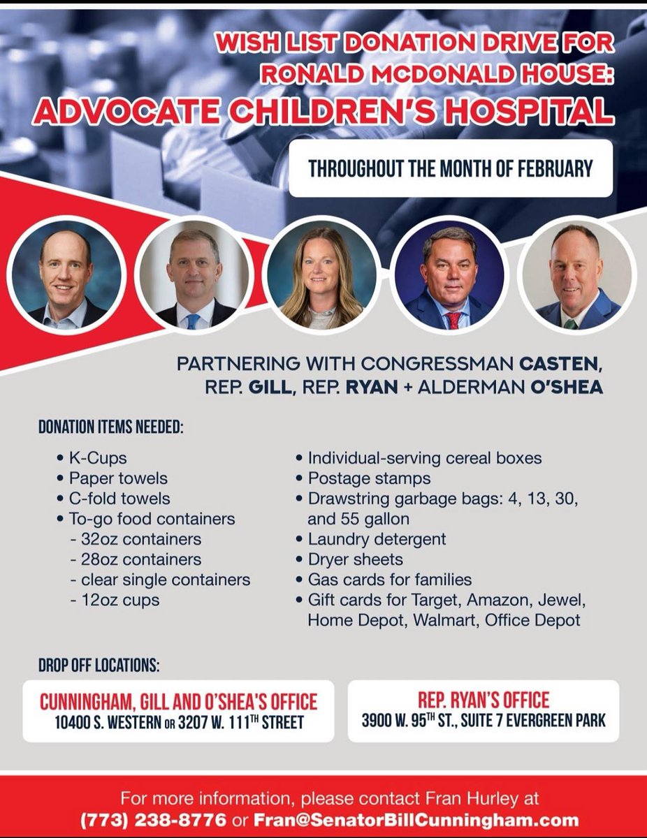 Sean is teaming up with other local elected officials to help provide donations for Advocate Children's Hospital from now until the end of the month. Details below: