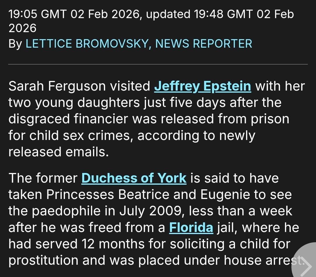 NSome1ne's tweet image. Well, well, well.
.....
#SarahFerguson took princesses #Beatrice and #Eugenie to see #Epstein 5 days after he was released from prison for child sex crimes. At the time of the visit, Beatrice and Eugenie would have been aged 20 and 19.
..
The truths that are coming out.