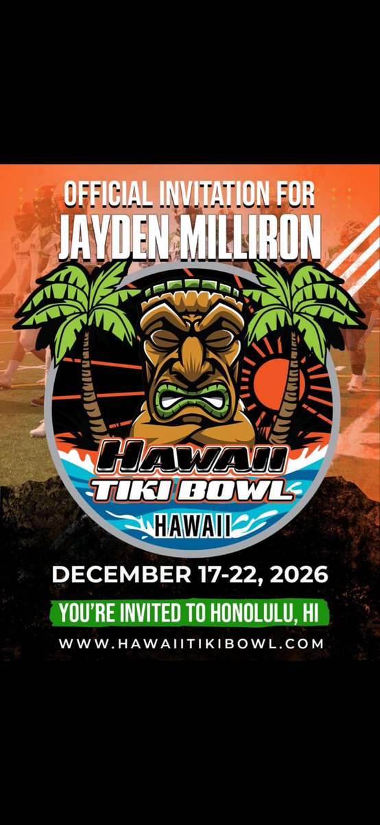 mill28542's tweet image. Honored and blessed to be invited to the @HawaiiTikiBowl  🌺🏈
Thank you, @FillippSAU , for the opportunity.
Grateful and locked in.

@CoachPintar @ClarkstonWolves @CTownAthletic @alex_pallone @PrepRedzoneMI @MichFBFrenzy @GeorgeYarberry @TrambleJoe @TheD_Zone
#HawaiiTikiBowl…