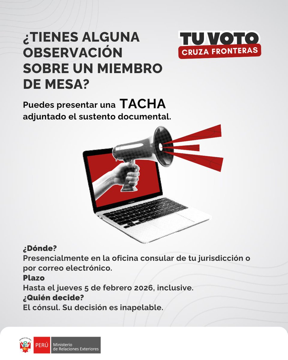 🗳️🌍 #TuVotoCruzaFronteras | Si tienes alguna tacha contra una persona designada como miembro de mesa en el exterior, puedes hacerlo en esta oficina consular, adjuntando el sustento correspondiente.
📍 El trámite se recibe de manera presencial o a este correo electrónico👇🏽

✉️