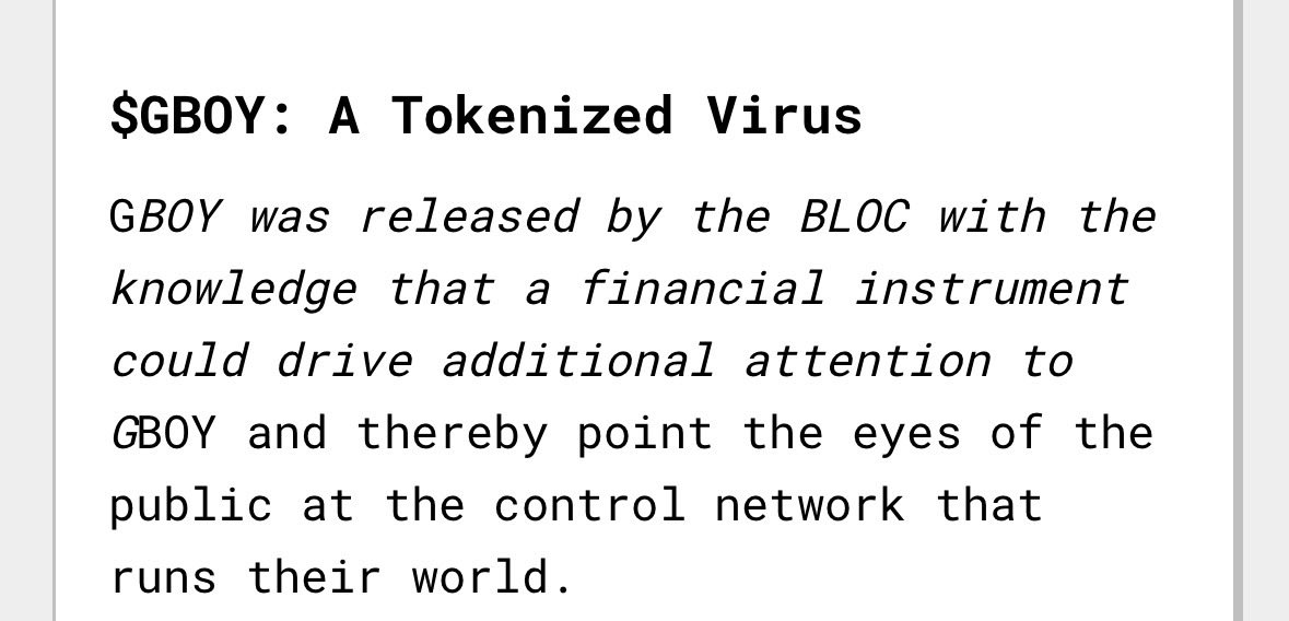 Leaked from the BLOC’s internal documents. 

Do not buy $GBOY it is a “TOKENIZED VIRUS”!!!