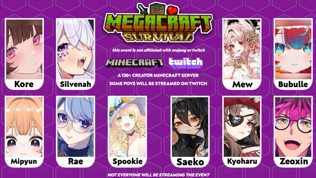 Introducing the 2nd batch of people invited to MegaCraft!

FT: <a href="/ShibaKore/">Kore 🦴🌸【VTuber/Editor】</a> <a href="/silvenaah/">silvenah⛓️💜</a> <a href="/mipyunvt/">mipyun🐌🩹【florAtelier】</a> <a href="/raelaveire/">Rae | レイ 🪻⚡️</a> <a href="/SpookieRose/">Spookie👻🌹</a> <a href="/VTSaeko/">SÆKO🧡REI⚡ENGINEER Vtuber⚡</a> <a href="/KyoharuVT/">❄️Kyoharu 🏴‍☠️🐀 (Pi)Rat Vtuber</a> <a href="/Zeoxin/">ZEOXIN 🌺🐈‍⬛</a> <a href="/mewmiyuuuu/">Mew ✨🕊️</a> and <a href="/Bubulle_Cafishy/">Bubulle |🧈🐟</a>