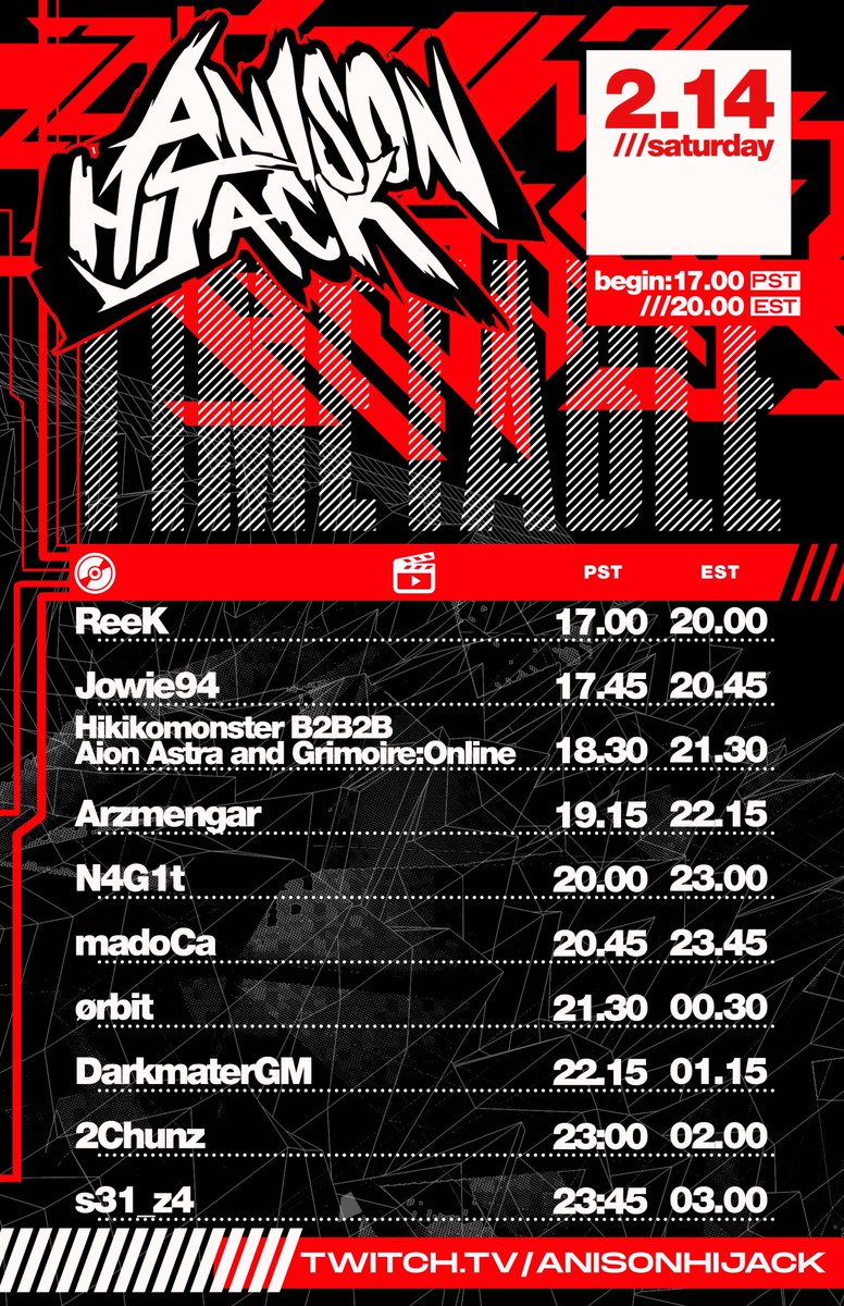 Our next url event, Anison Hijack #36  is happening in 2 weeks!

Date: 2/14/26
Time: 8:00 PM EST

If you want a night full of your favorite weebtunes, you can catch the event over at our twitch: twitch.tv/anisonhijack

See you there!