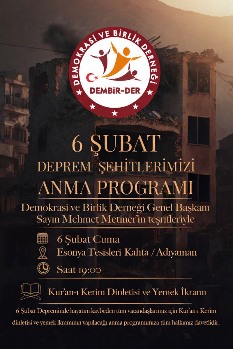 MetinerBasin's tweet photo. 6 Şubat Cuma akşamı memleketim Adıyaman/Kahta’da düzenleyeceğimiz geniş kapsamlı yemekli anma programımıza,

Bütün kurum amirlerimiz, siyasi parti, STK ve medya temsilcilerimizle beraber aziz hemşehrilerim davetlidirler.

Tüm değerli hemşehrilerimi bu anma programına bekliyorum. https://t.co/WG69X6eNLX