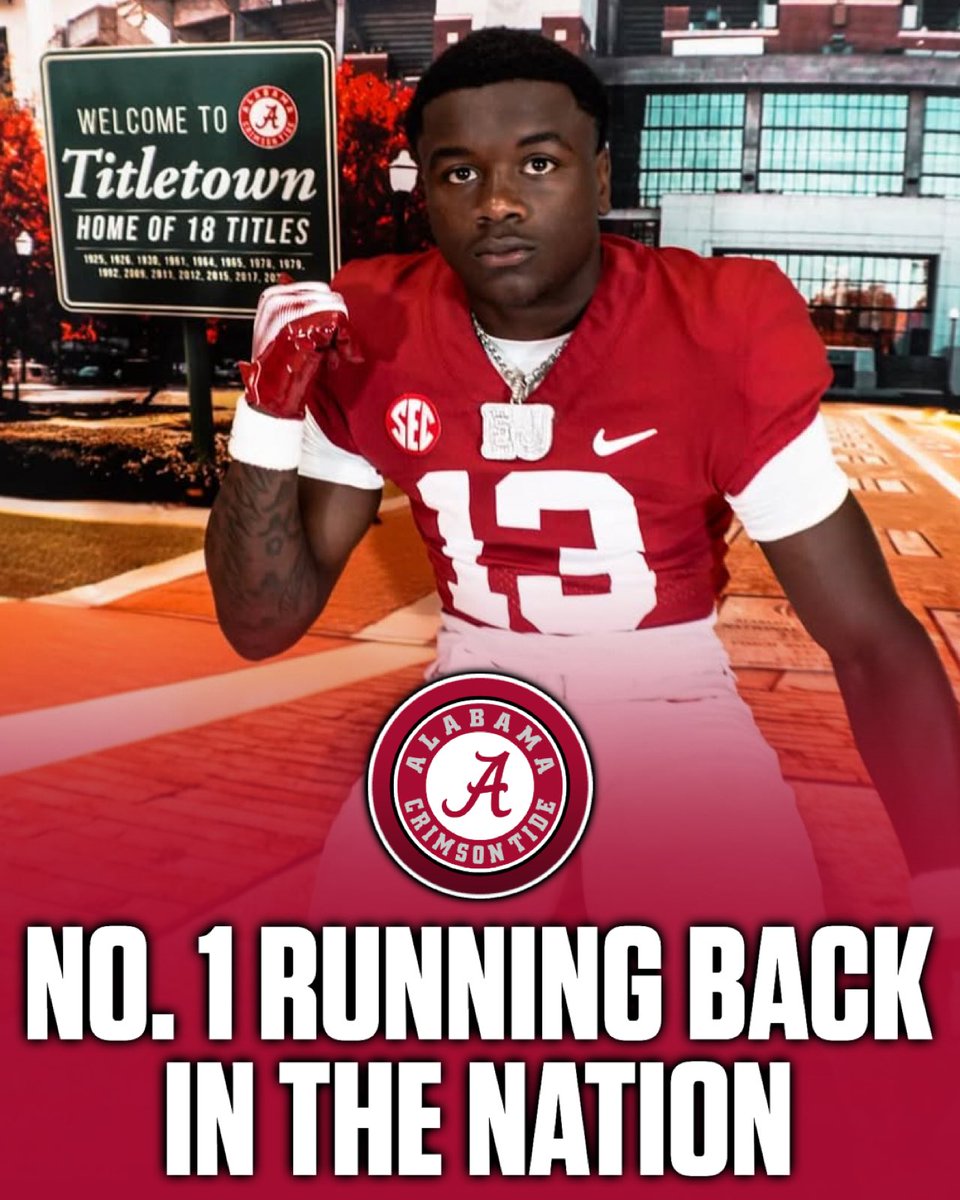 𝗕𝗥𝗘𝗔𝗞𝗜𝗡𝗚: Alabama 5 ⭐️ RB signee Ezavier Crowell is now ranked as the No. 1 Running Back in the NATION 🐘

According to <a href="/247Sports/">247Sports</a>, Crowell is ranked No. 17 nationally, is the No. 1 RB in the country, and is the No. 1 player in Alabama

The 5’11 205 RB had 543 carries for