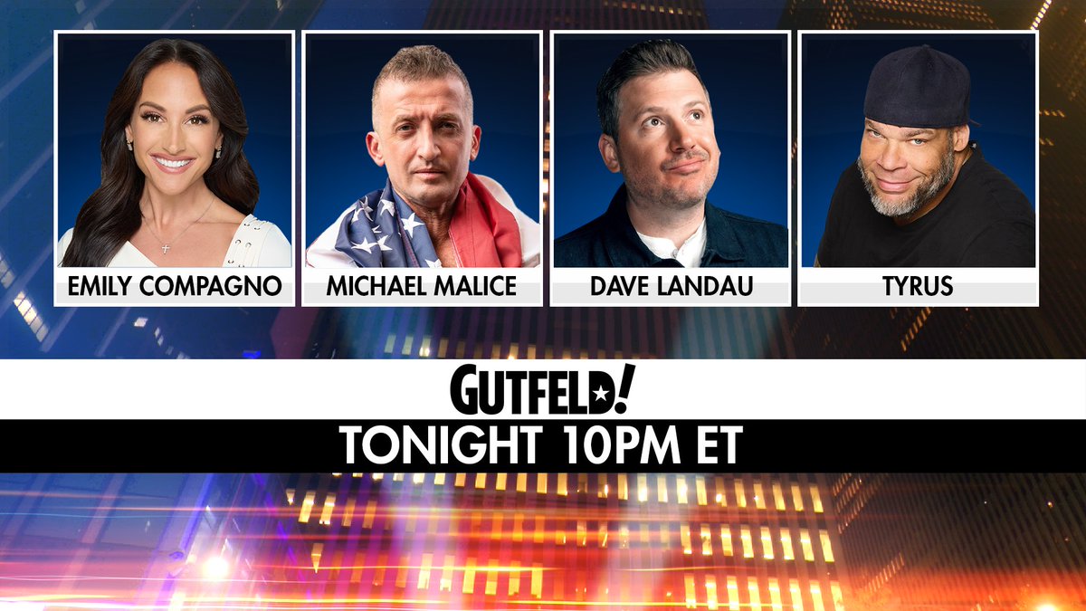 Tonight on #Gutfeld! - <a href="/EmilyCompagno/">Emily Compagno</a>, <a href="/michaelmalice/">Michael Malice</a>, <a href="/LandauDave/">Dave Landau</a> and <a href="/PlanetTyrus/">Tyrus</a>. 

10PM ET on <a href="/FoxNews/">Fox News</a>