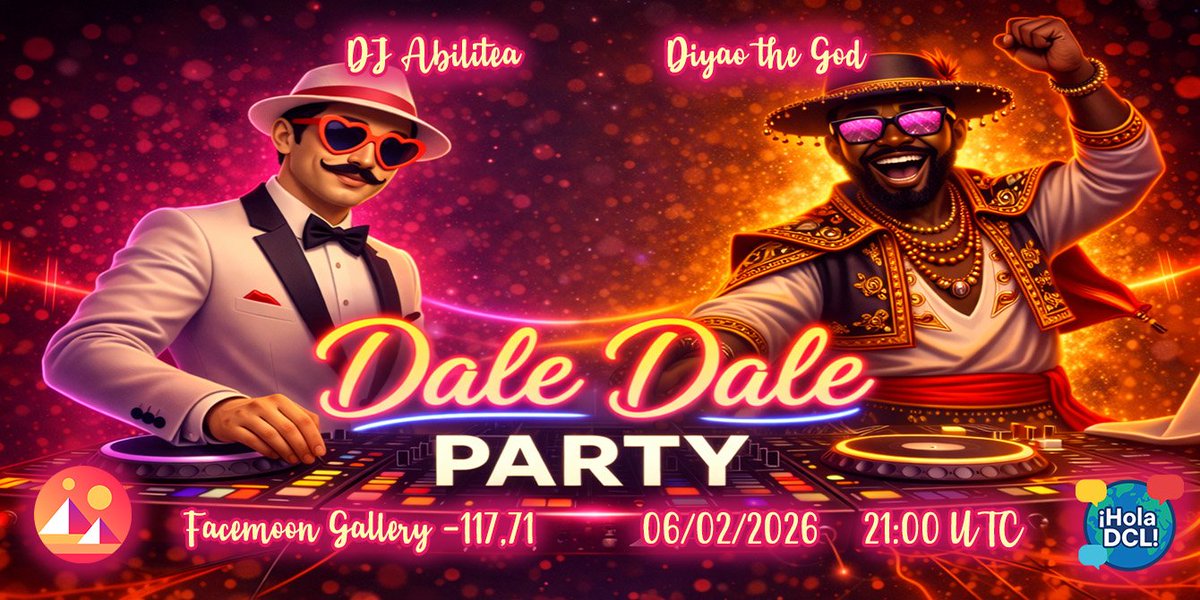 Este viernes 6 de febrero llega Dale Dale Party: la fiesta de inicio de mes de <a href="/HolaDCL/">¡Hola DCL!</a> en <a href="/decentraland/">Decentraland</a> 💃🕺
🎧 DJs en vivo: <a href="/DJAbilitea/">DJ Abilitea</a> + <a href="/Trmarkets2022/">DiyaotheGod</a>
🎁 Wearable GRATIS
🕘 21:00 UTC
📍 Facemoon Gallery (-71,117)

decentraland.org/events/event/?…
