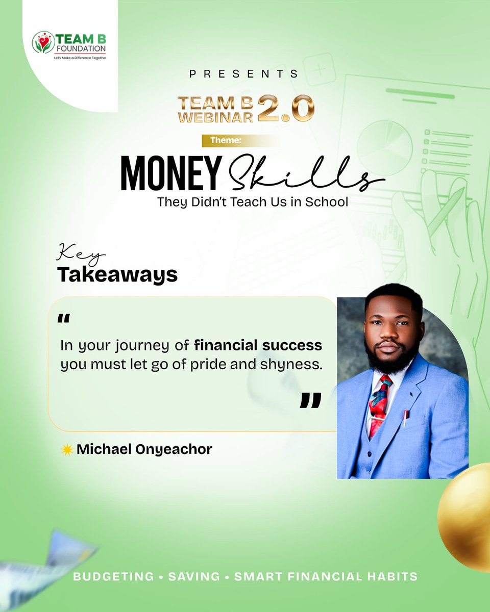 Team_B_F's tweet photo. Key takeaways from Team B Foundation Webinar! 💡✨

Check out what we've learned from Team B Foundation webinar titled "Money skills they didn't teach us in school" and how you can apply it to drive impact. 
#TeamBFoundation #webinartraining #takeaway https://t.co/ROflg1IliU