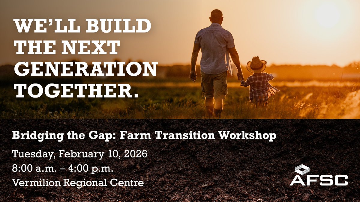 Bridging the Gap: Farm Transition Workshops bring families, advisors, and lenders together to turn tough talks into clear next steps.

📍 Upcoming sessions:
• Vermilion – Feb 10 

Register here: bit.ly/4oaujTe

#ABag #FarmTransition