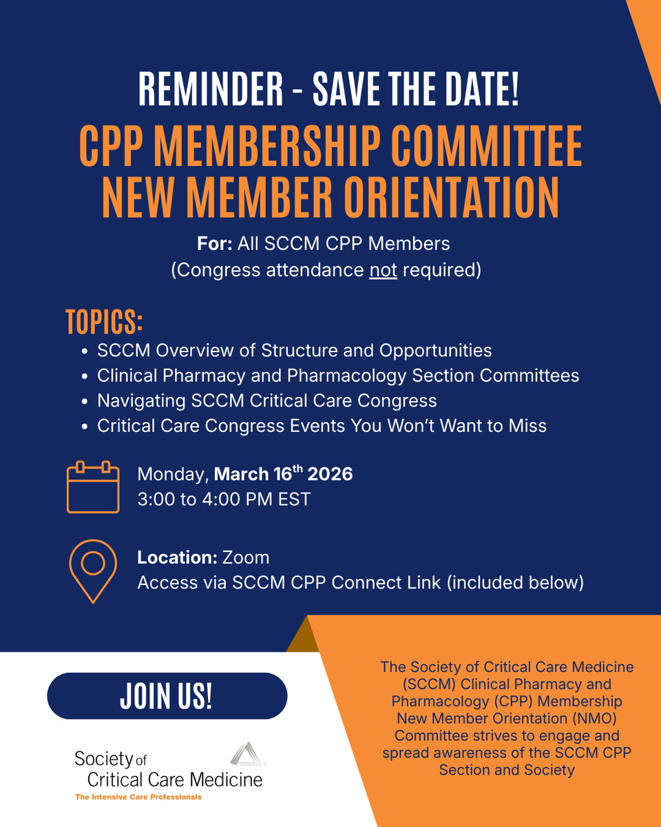 SCCM_CPP's tweet photo. 🗣️REMINDER!

CPP New Member Orientation (NMO) is just around the corner!
📆 March 16
🕓 3–4 PM EST
📍Zoom (see Connect for details: https://t.co/mG9iIIQVry)

Congress registration NOT required to attend NMO!
#PharmICU #SCCM https://t.co/sOHMnK72vI