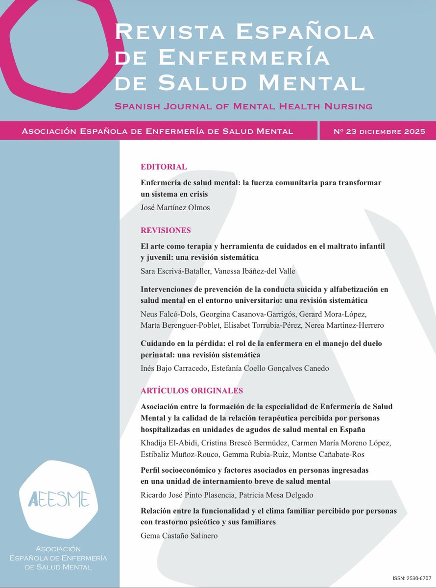 Núm. 23 (2025): Revista Española de Enfermería de Salud Mental (Spanish Journal of Mental Health Nursing) <a href="/_REESME/">Revista Española de Enfermería de Salud Mental</a> <a href="/_AEESME/">AEESME</a> 

reesme.com/index.php/REES…