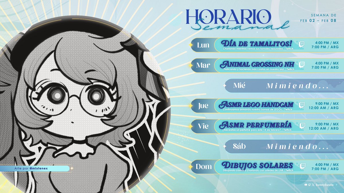 SunnySuuris's tweet photo. ☀️ ✦ Horario semanal ( ! ) 🎵
» sujeto a cambios
¿Dos días de ASMR en una semana? 👁️ ASÍ ES NEZUNNY, ES REAL, LET'S GOOOO!! 💛✨
✦ General: #SunnySuuris
✦ Fanart: #Suurisketch
✦ Memes: #jijiSuuris
✦ Clips: #Clipsunny
✦ R18: #SunnotSFW
✦ Música: #MelodiadeSunny
✦ Oshi mark: ☀️🎵
✦ Fan name: Nezunnys