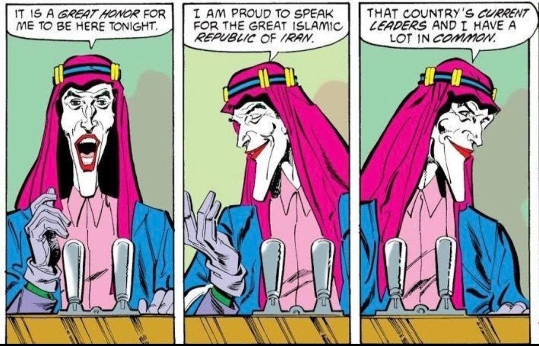 🇮🇷🇺🇲 In the 1988 Batman comics, the Joker meets Ayatollah Khomeini, and they strike up a friendship.

🇺🇳 The Ayatollah even appoints the Joker as the representative of the Islamic Republic of Iran to the United Nations.