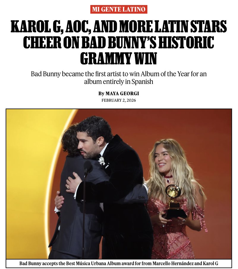 Bad Bunny‘s historic win for the Album of the Year #Grammy marked the first time an album fully in Spanish won the night’s biggest prize — and now, some of the biggest Latin stars are celebrating the impactful moment.

🏆 rollingstone.com/music/music-la…