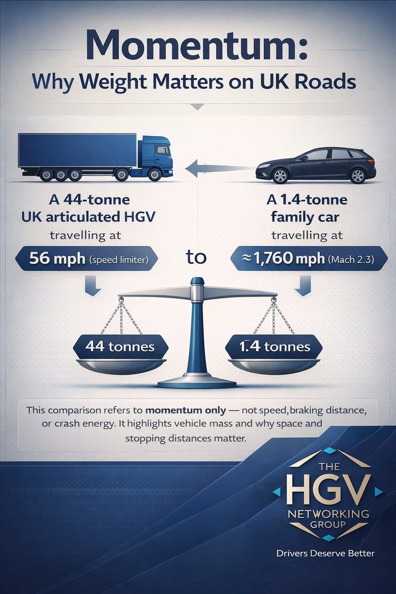A fully loaded 44-tonne UK HGV at 56 mph carries enormous momentum because of its mass.
It’s why space in front of HGVs matters and why last-second cut-ins can’t be “fixed” with braking.
Physics always wins.