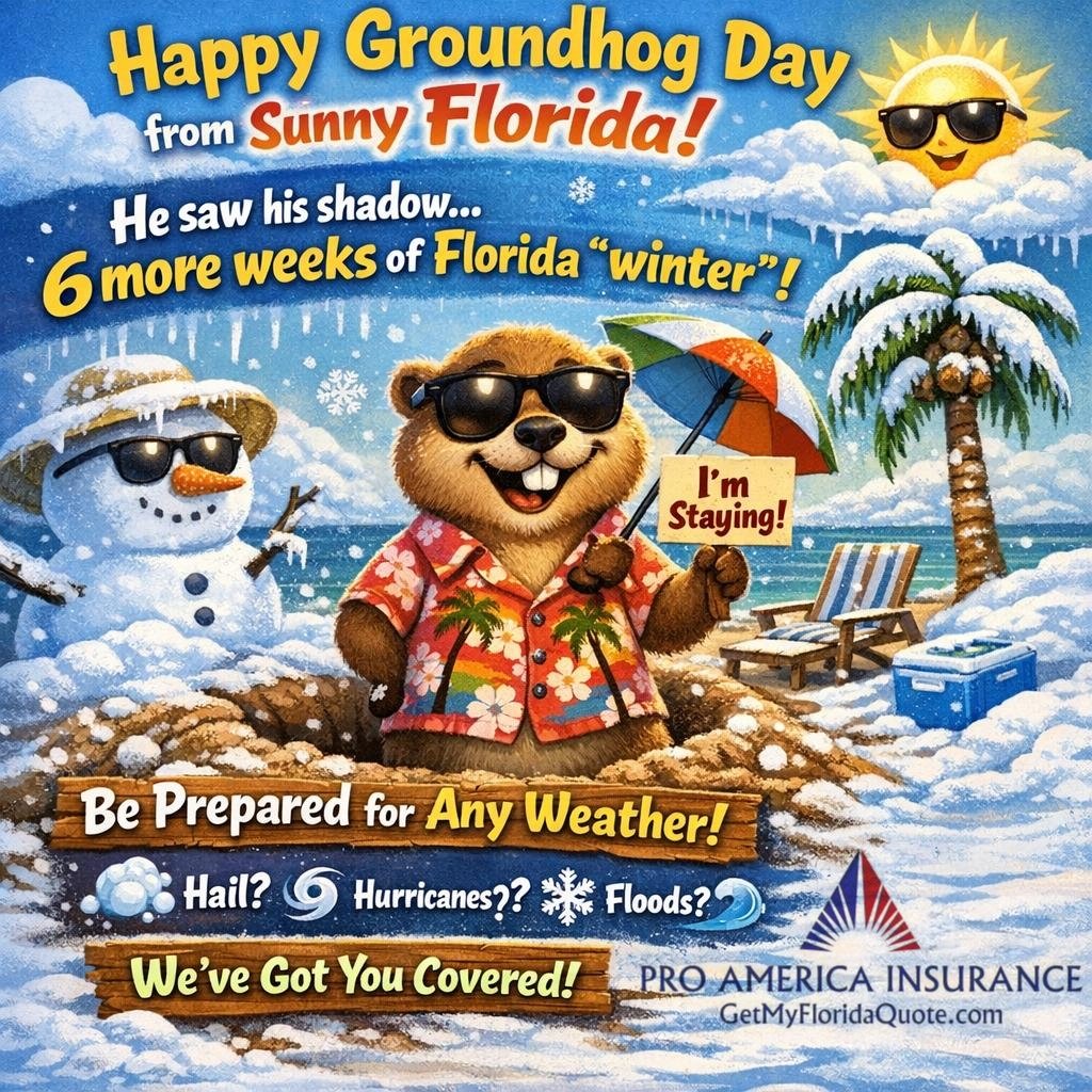 ProAmericaInsu1's tweet image. ☀️❄️ Happy Groundhog Day from sunny Florida!
Looks like 6 more weeks of "winter" our way 😎🌴
No matter the weather—hail, hurricanes, or floods—we've got you covered.
#GroundhogDay #FloridaWinter #InsuranceReady