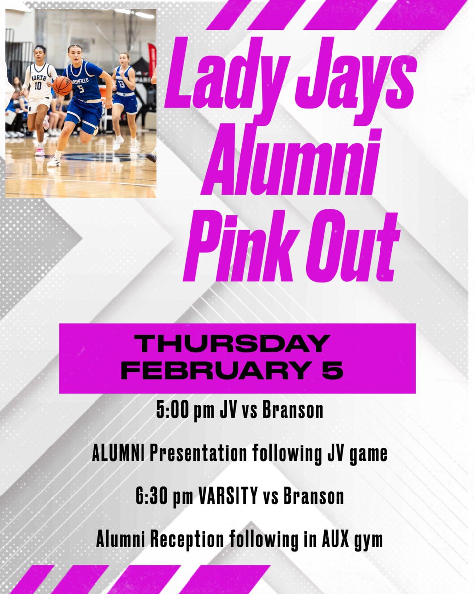 MarshfieldActi1's tweet photo. Plan to come out and celebrate all of the nostalgia around the Lady Jays Basketball team this Thursday as we welcome back our ALUMNI on PINK OUT night. Alumni will be introduced following the JV game and a reception for all following the Varsity game in the AUX gym. #bluejaypride https://t.co/pSkoRtRSvE