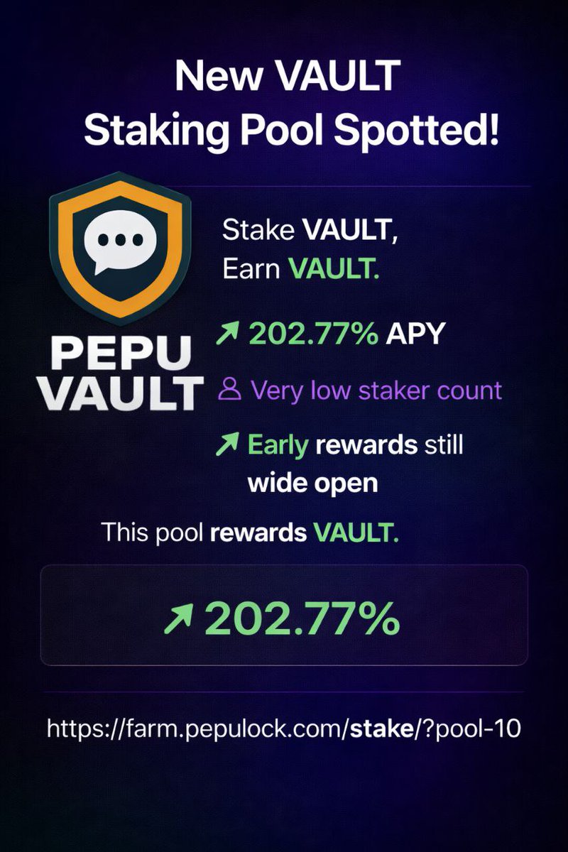 pepulock's tweet photo. New VAULT Staking Pool Spotted

Stake VAULT and earn VAULT on
#PFarm .

High APY

Very low staker count

Early rewards still wide open

This pool rewards $VAULT.

Get in early before more wallets enter.

https://t.co/D7nu9WayTr

#staking #crypto #DeFi https://t.co/FqwQkaakIs