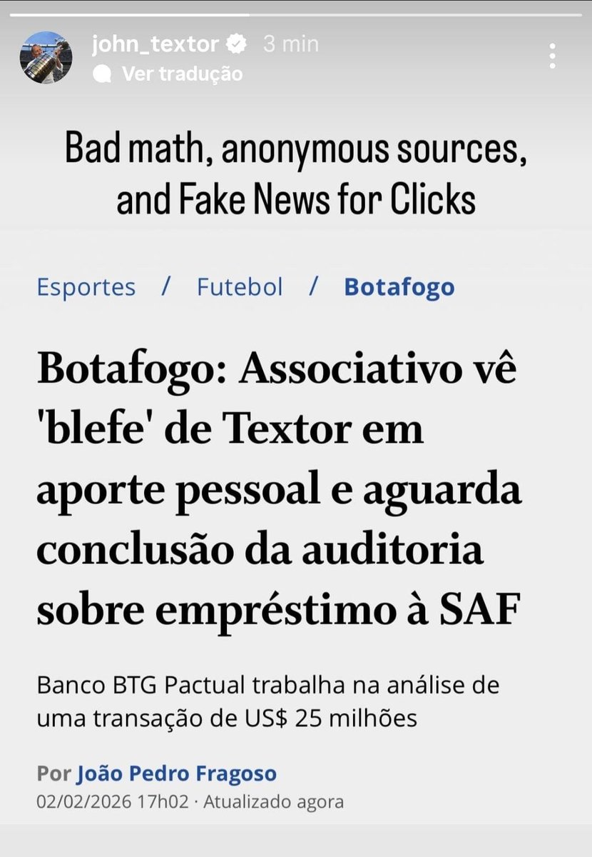 Post de Textor no Instagram. 

Antes de publicar a matéria, perguntei duas vezes sobre o aporte pessoal prometido por ele, que não respondeu. Como sempre, mantenho minha apuração. O espaço, claro, está aberto para caso ele queira acrescentar algo. E ele sabe disso.